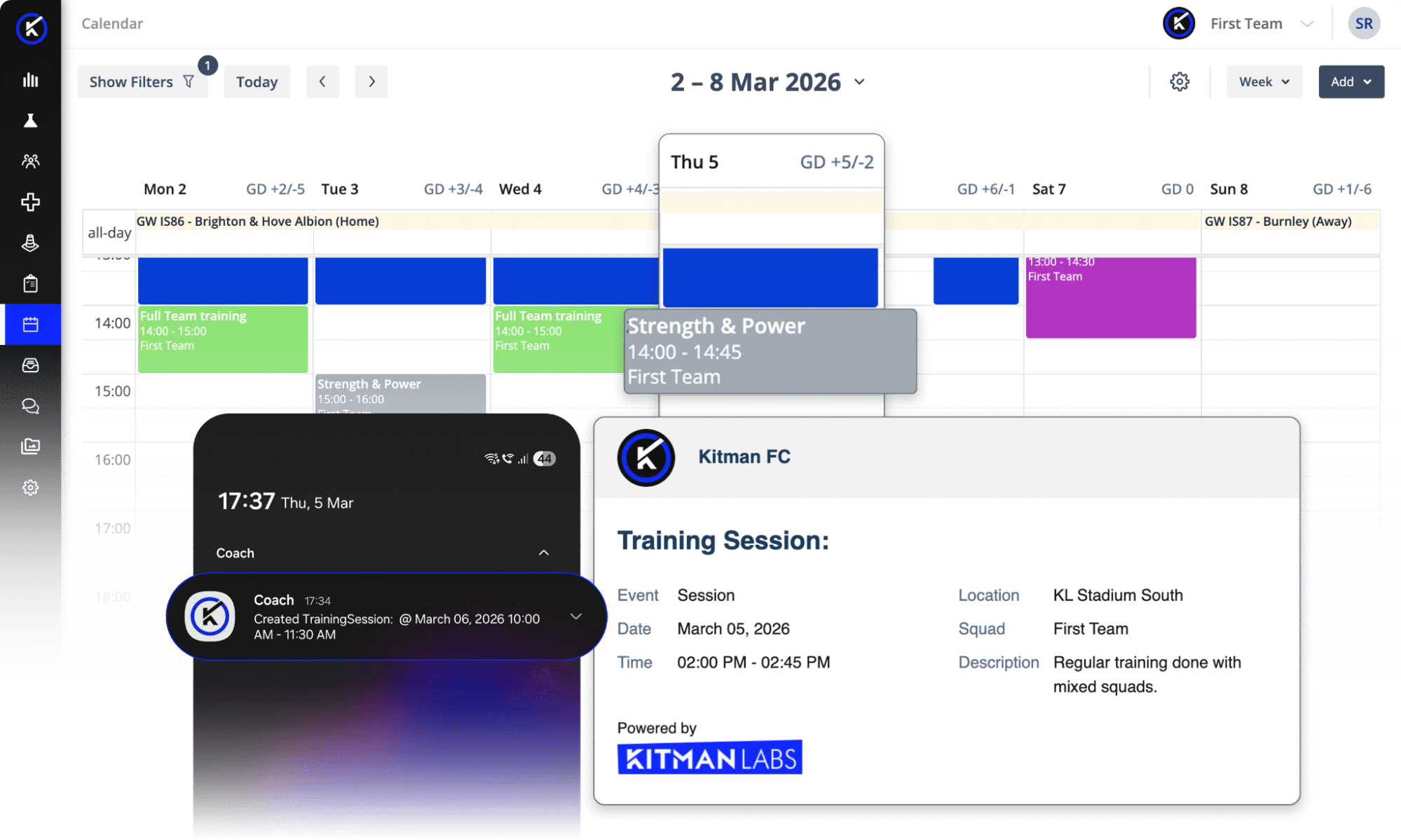 Care calendar in Performance Medicine coordinating appointments, treatments, and athlete availability