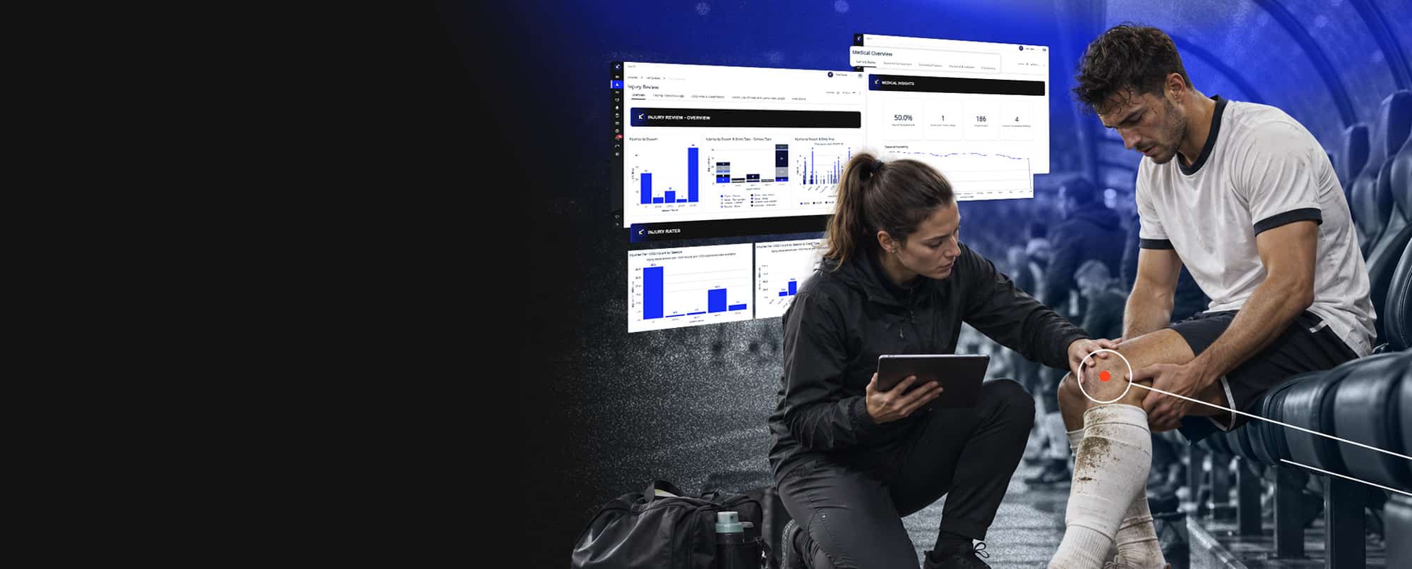 Athletic trainer working with an athlete alongside Performance Medicine dashboards in iP: Intelligence Platform