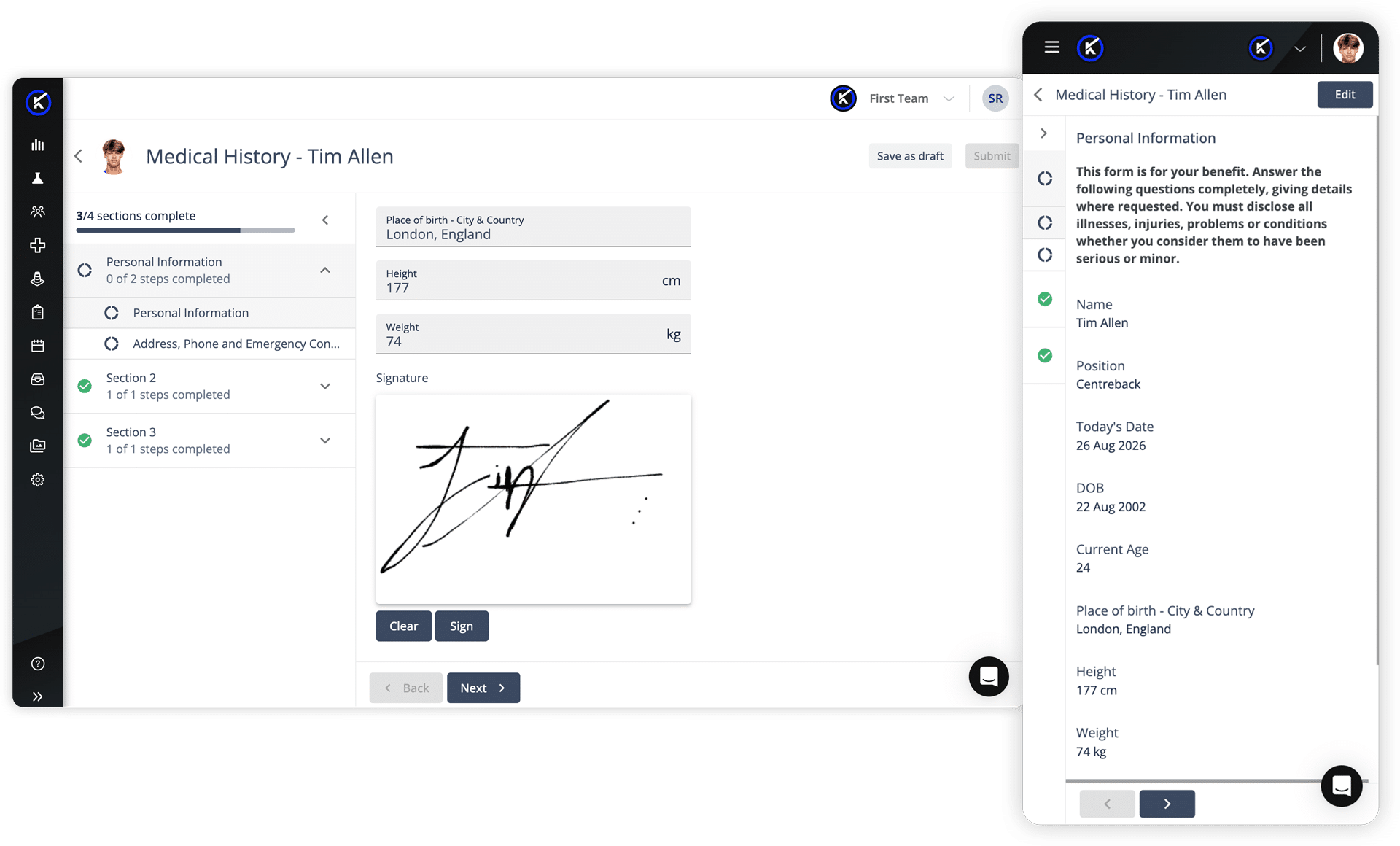 Medical history form in Performance Medicine captured on web and mobile with athlete signature